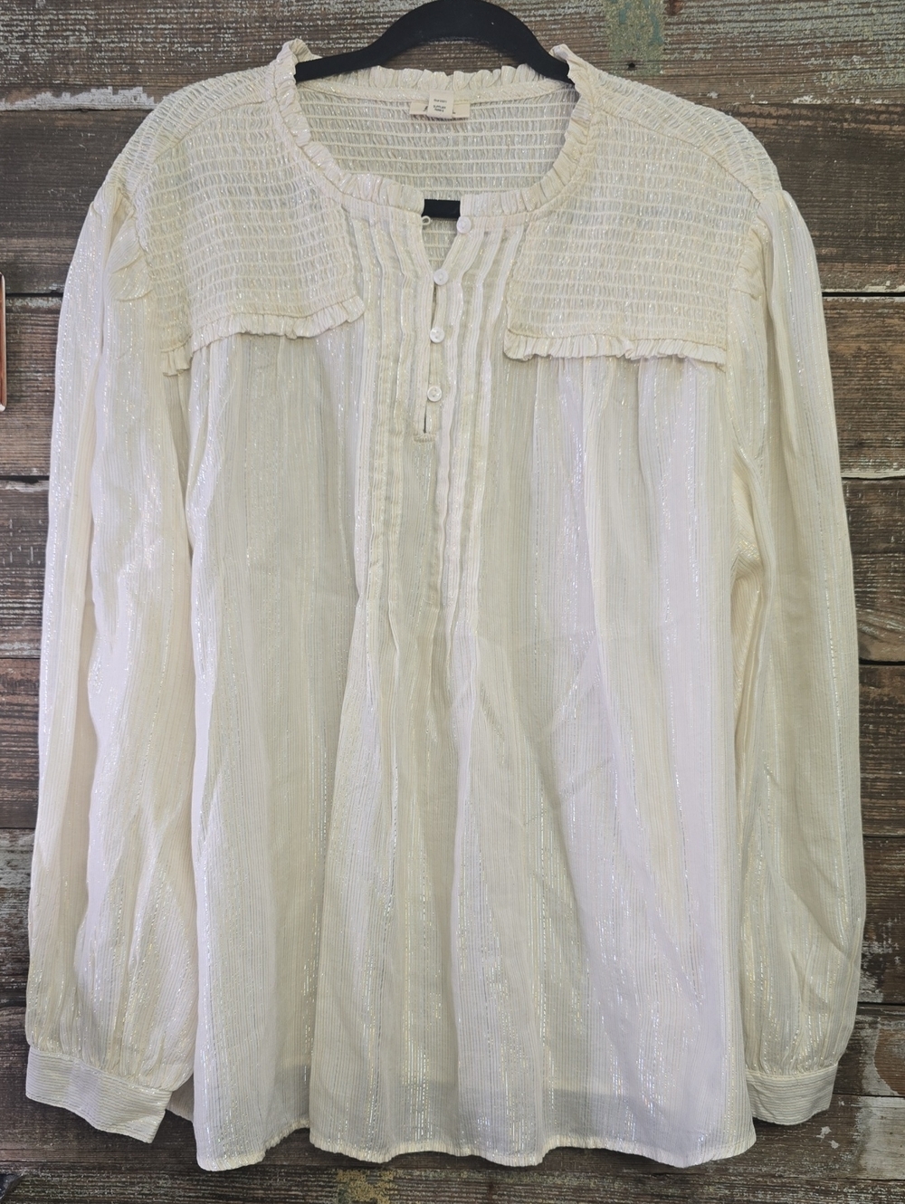 a.n.a Ivory Long-Sleeve Smocked Yoke Blouse, Size 2X